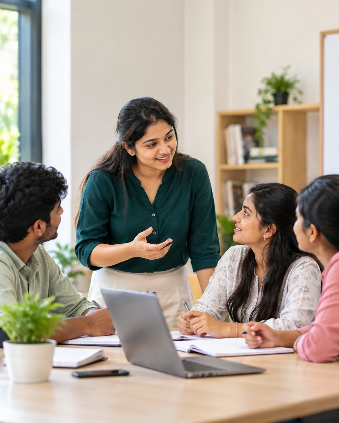A Two States Online Academy mentor guiding a small group of learners in a speaking session