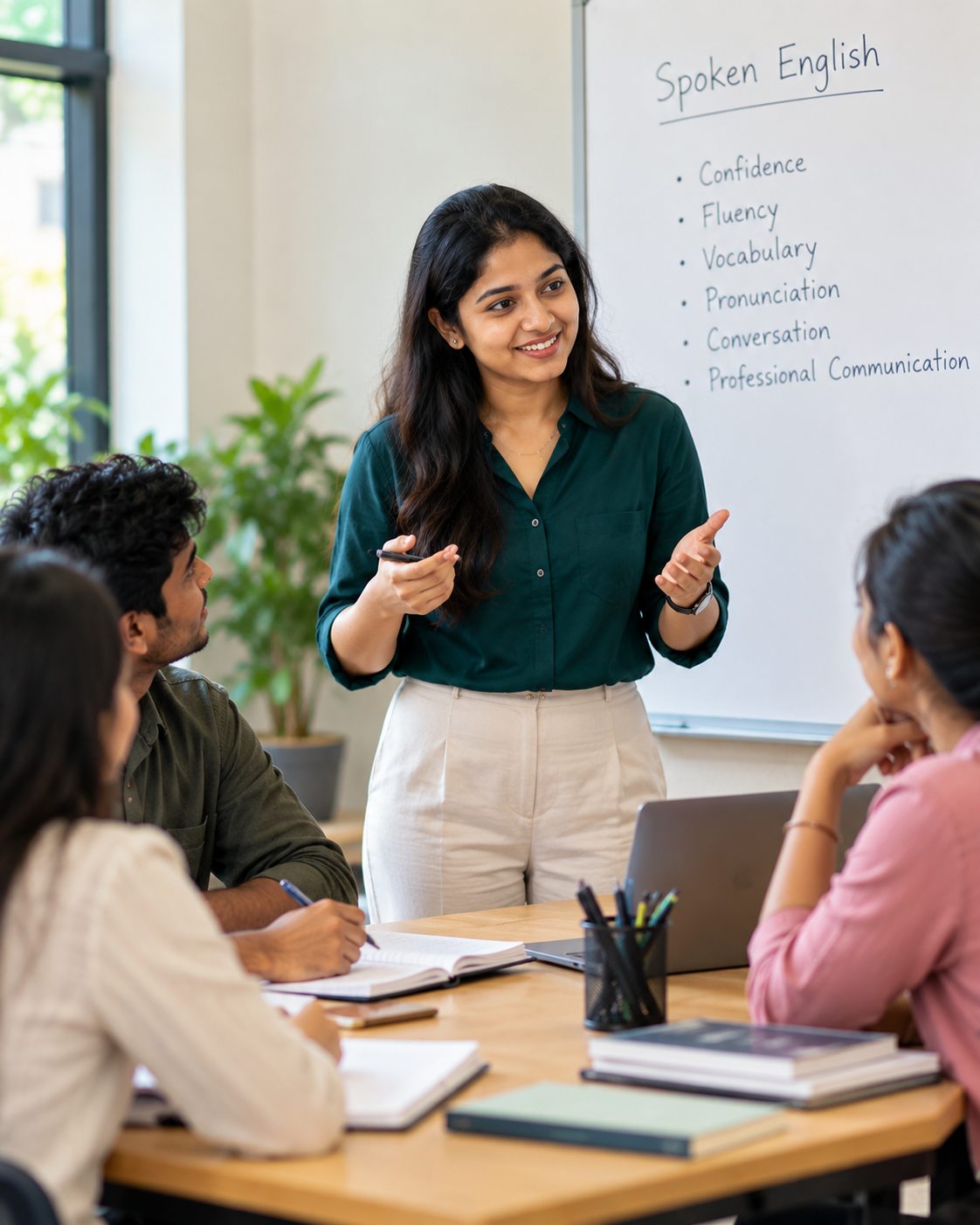 A mentor leading a Spoken English session beside a whiteboard listing confidence, fluency, vocabulary and pronunciation
