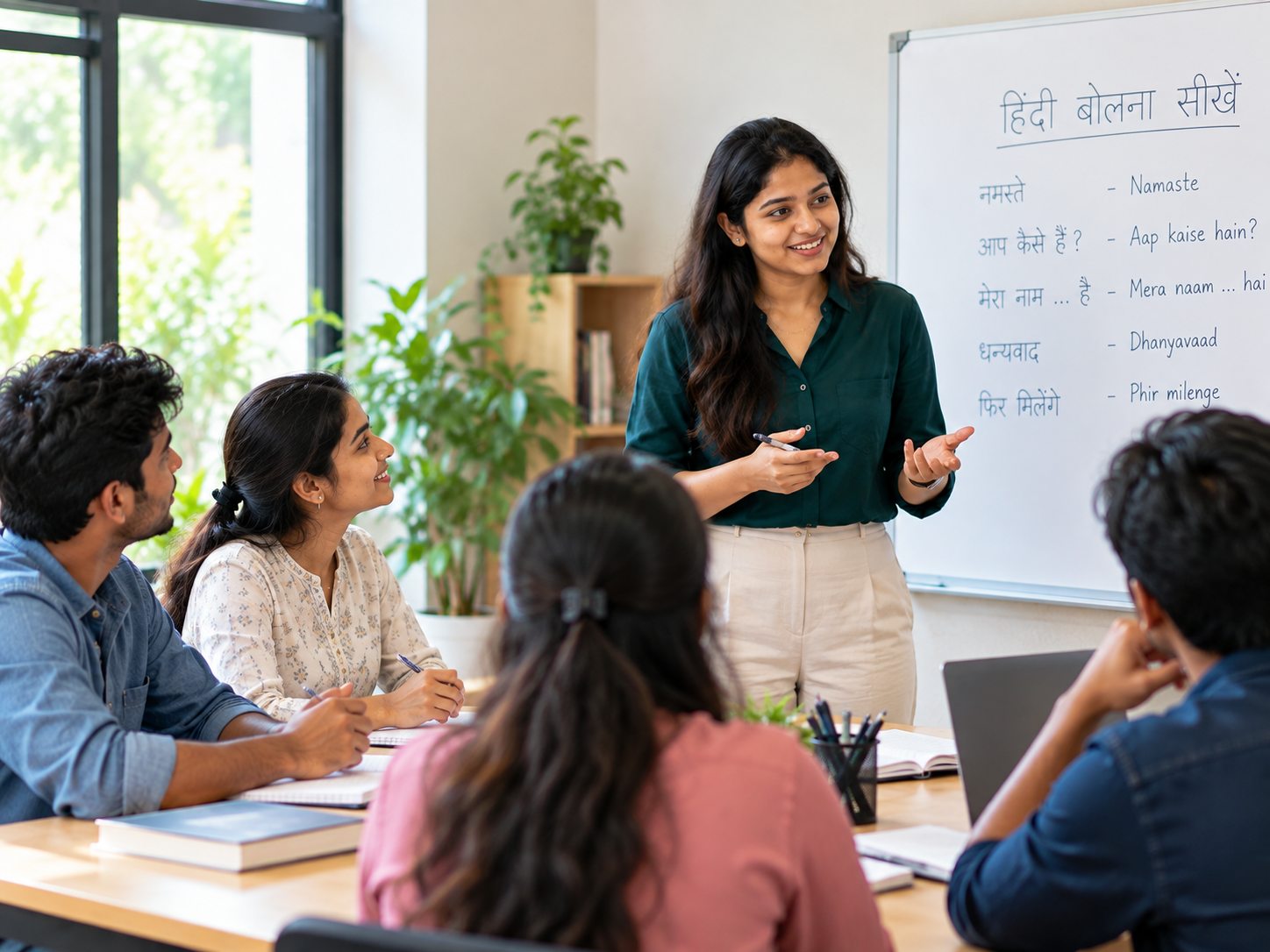 A mentor teaching everyday Hindi phrases like Namaste and Dhanyavaad from a whiteboard to a group of learners