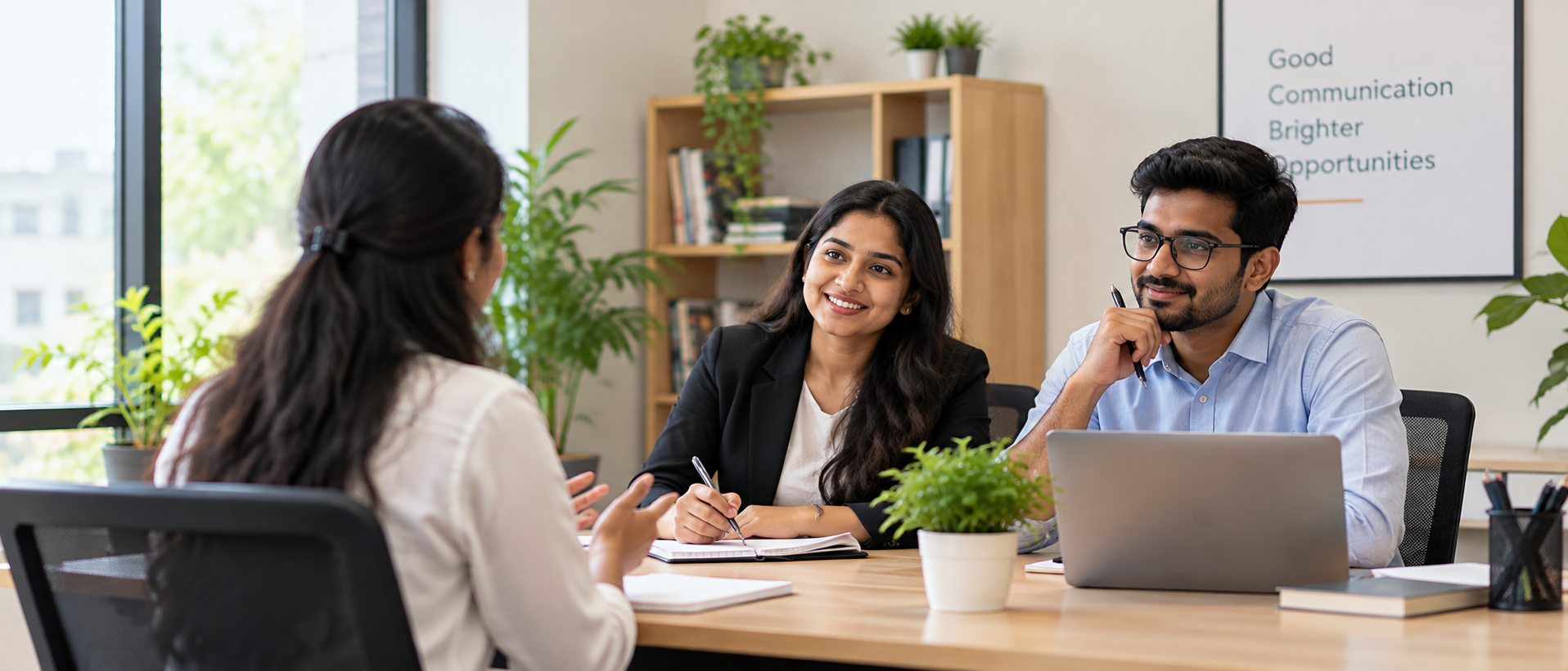 A fresher answering questions from a two-person panel during a mock interview